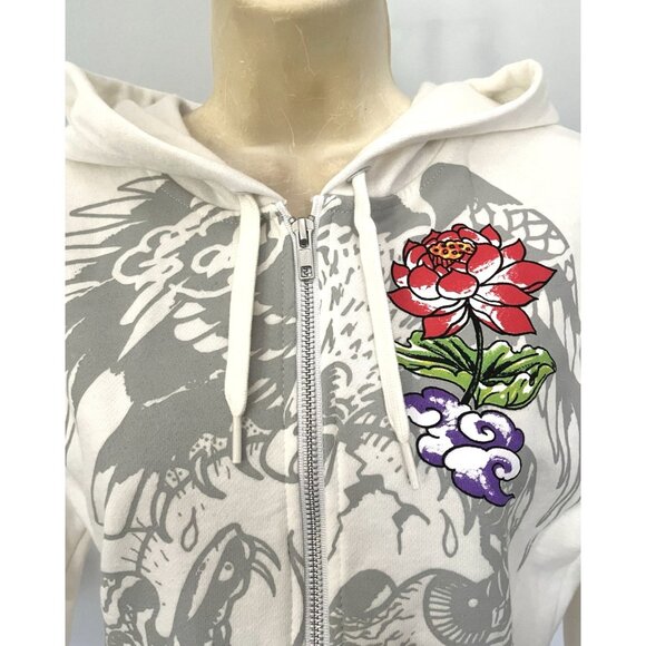 Ed Hardy White Tiger Rose 100%Cotton Drawstring Zip Crop Hoodie Jacket Sz L - Picture 5 of 11